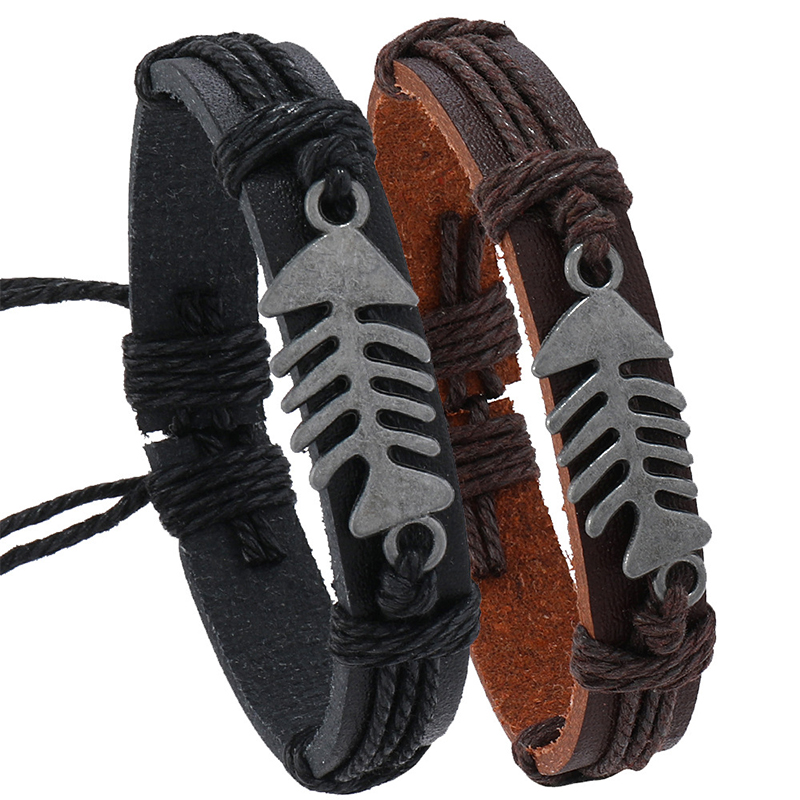 Men Accessories Pk - Trendy Retro Leather Woven Fishbone Bangle